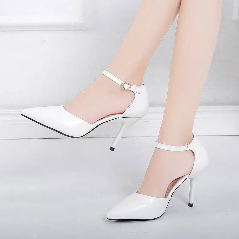 Кожени дамски обувки Heel Pointed Toe 2023 Пролет Нови високи токчета глезена каишка женски обувки мода голям размер 33 41 42