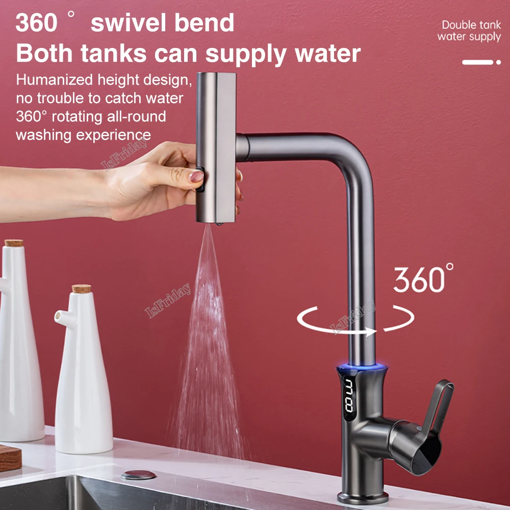 Waterfall температурен сензор цифров дисплей кухня кранче издърпайте поток пръскачка гореща студена вода мивка смесител кран за кухня 1
