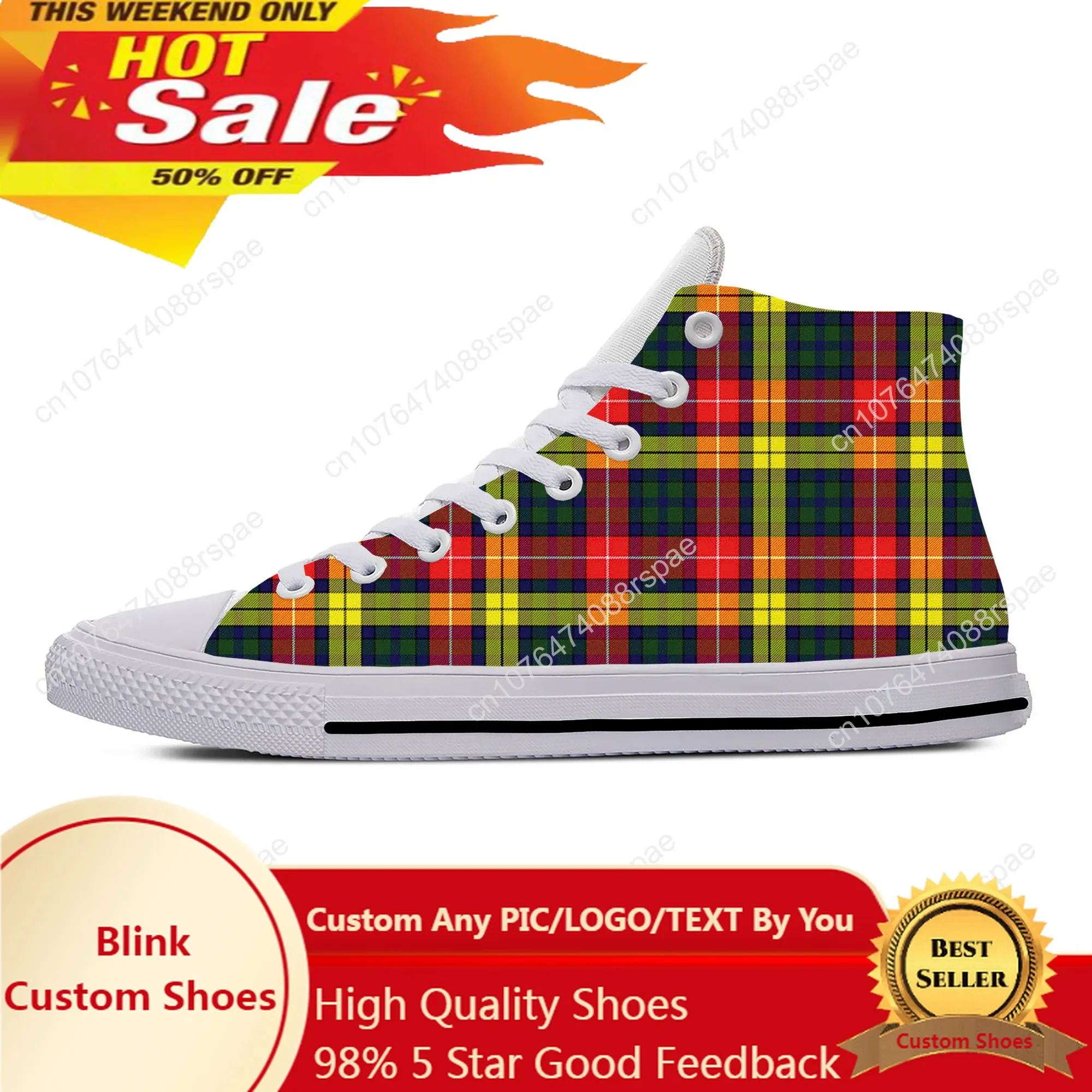 Лято Шотландски клан Бюканън Tartan Plaid Fashion Ежедневни обувки Дишащи мъже Дамски маратонки High Top Lightweight Board Shoes 0
