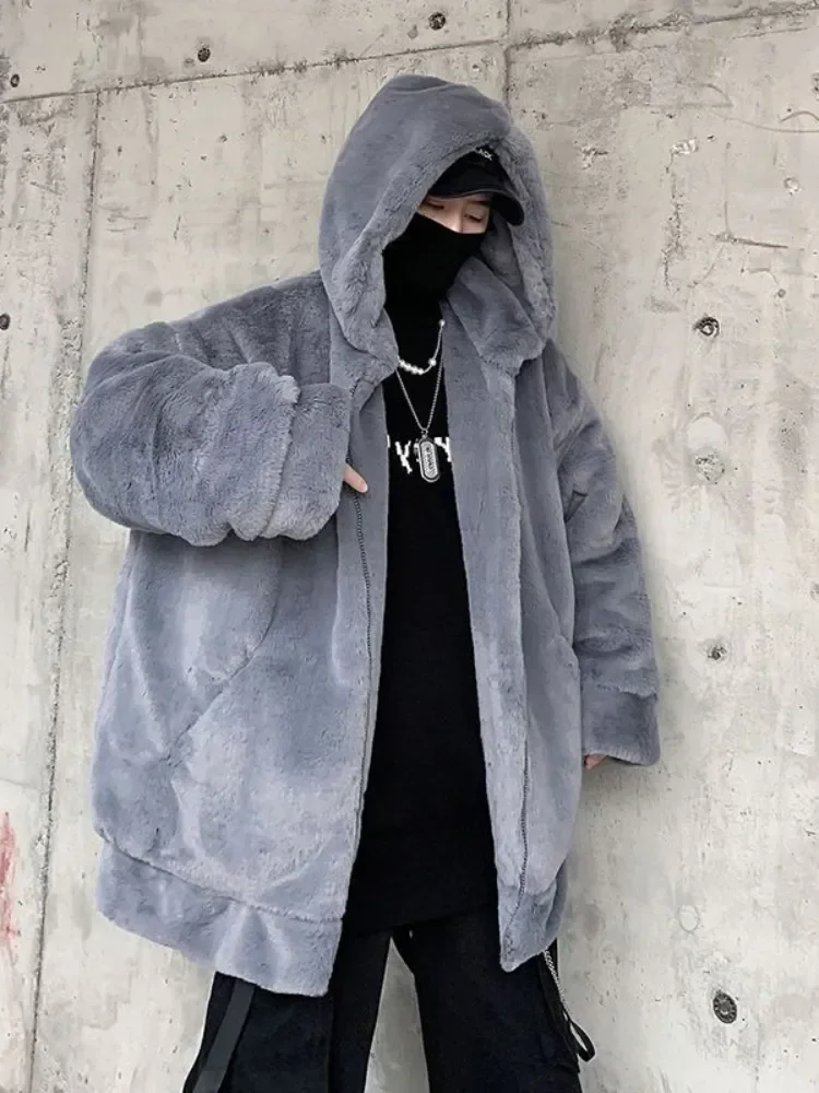 Улично облекло Подплатено яке за мъже Удебелено агнешко заешко вълнено палто 2023 Любителите на зимната мода Готически Хараджуку Фалшива кожа