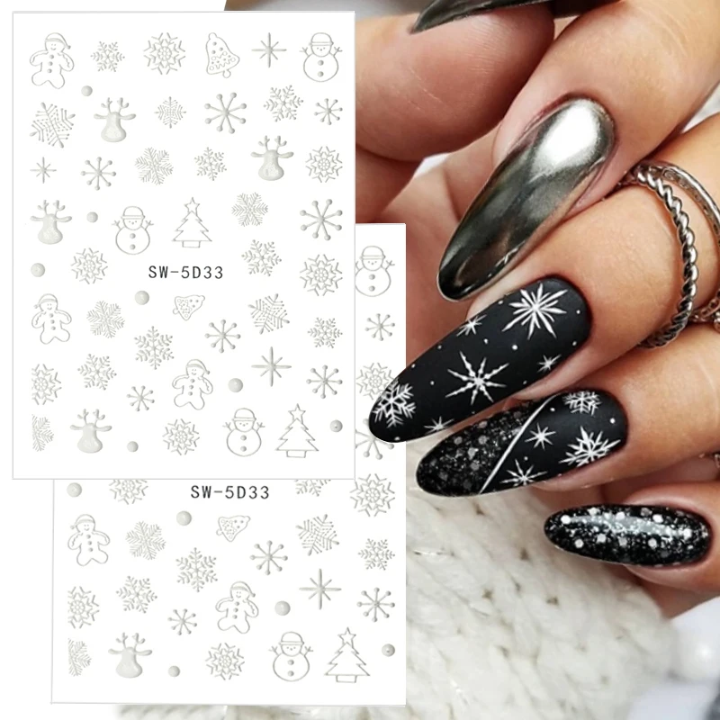 5D Коледа релефни стикери за нокти бели снежинки Дядо Коледа маникюр плъзгачи Нова година нокти изкуство красота декорация стикери 0