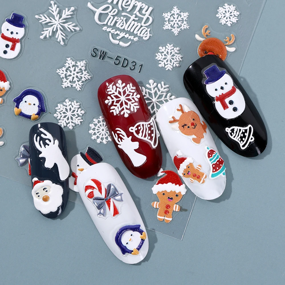 5D Коледа релефни стикери за нокти бели снежинки Дядо Коледа маникюр плъзгачи Нова година нокти изкуство красота декорация стикери 4