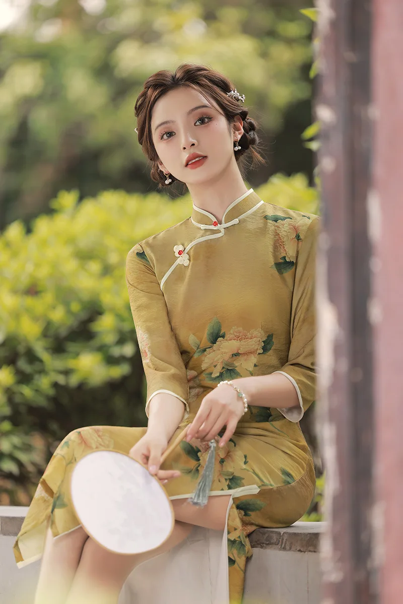 Китайски стил пролетно цвете репички Cheongsam дълга рокля ежедневно подобрена рокля на модния подиум Qipao роба вечерно парти рокля за жени
