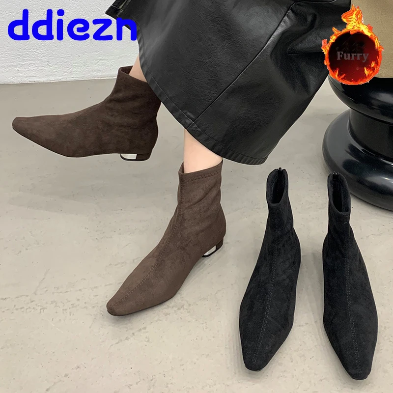 Есен Зимни обувки Flock жени глезена кожени ботуши обувки с апартаменти женска мода топло космати дами кратко участък ботуши обувки