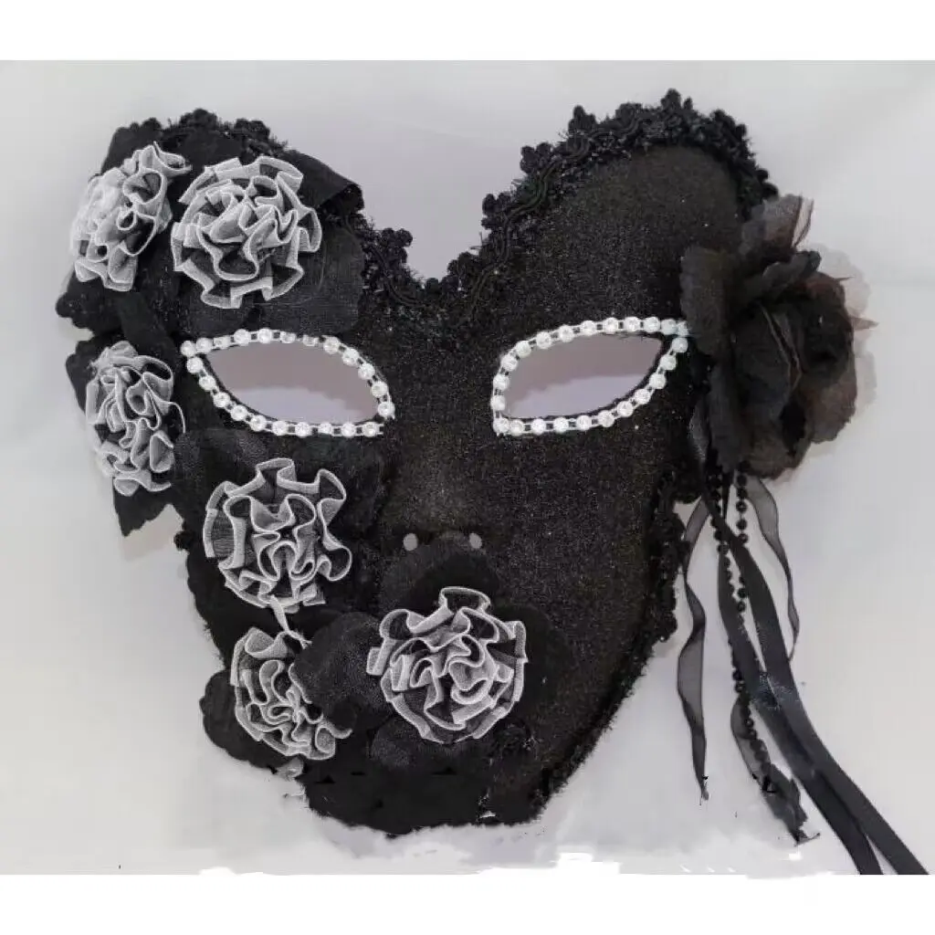 Хелоуин венецианска черна маска с дантелени цветя