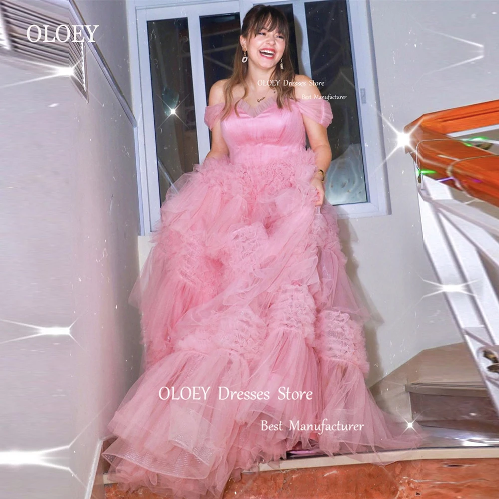 OLOEY Розово от рамото Къдри от тюл Абитуриентски рокли за сватбено тържество Вечерни рокли Официална булка Vestido de noche