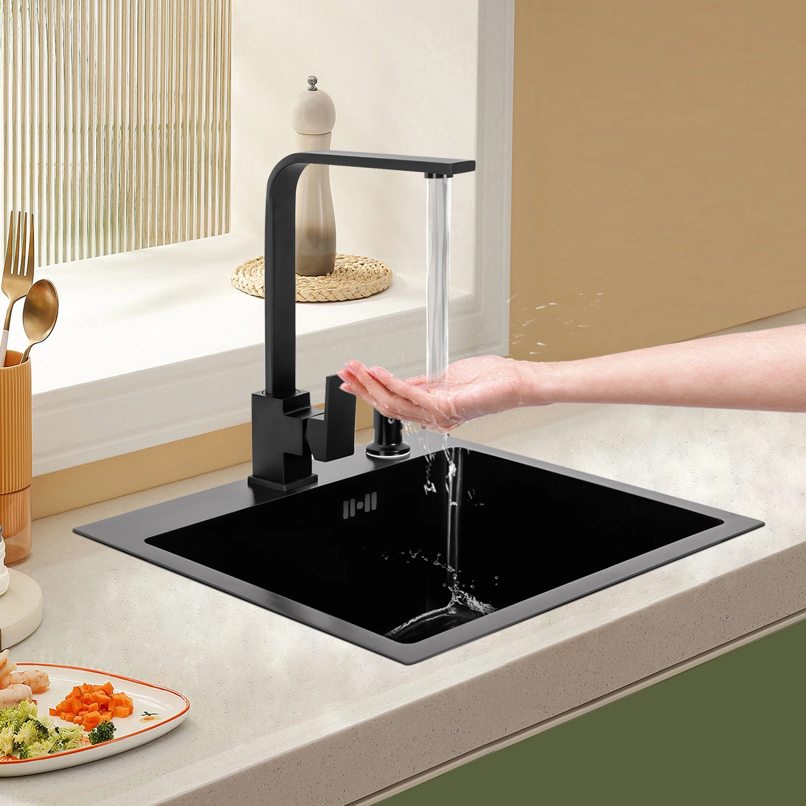 40 X 45 CM Кухня от неръждаема стомана Topmount мивка Черна мивка Единична мивка от неръждаема стомана Кухненски мивки W / Tap Soap Dispe