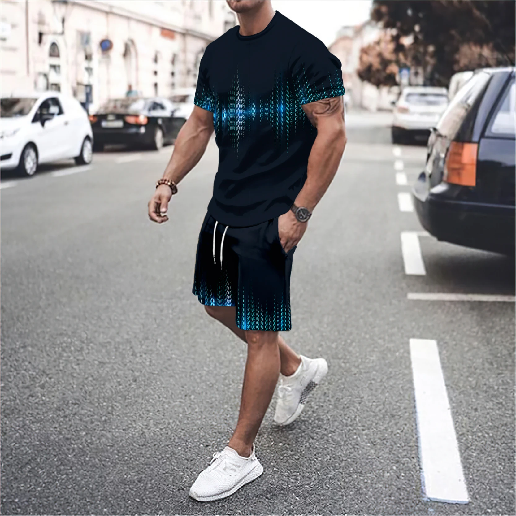 Нов кръг врата къс ръкав тениска шорти спортен комплект за мъжки 3D градиент отпечатани случайни и модерен открит уличен костюм 3