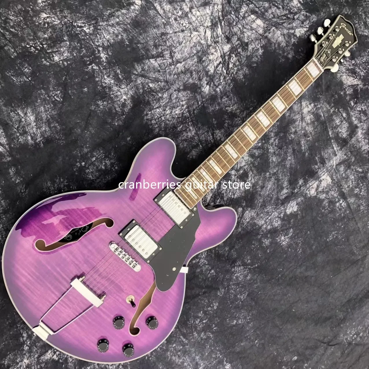 2021 Tiger Flamed Top Jazz Electric Guitar, Grote 6 струнна електрическа китара, лилава цветна китара, Rosewood FRETBOARD, безплатна доставка