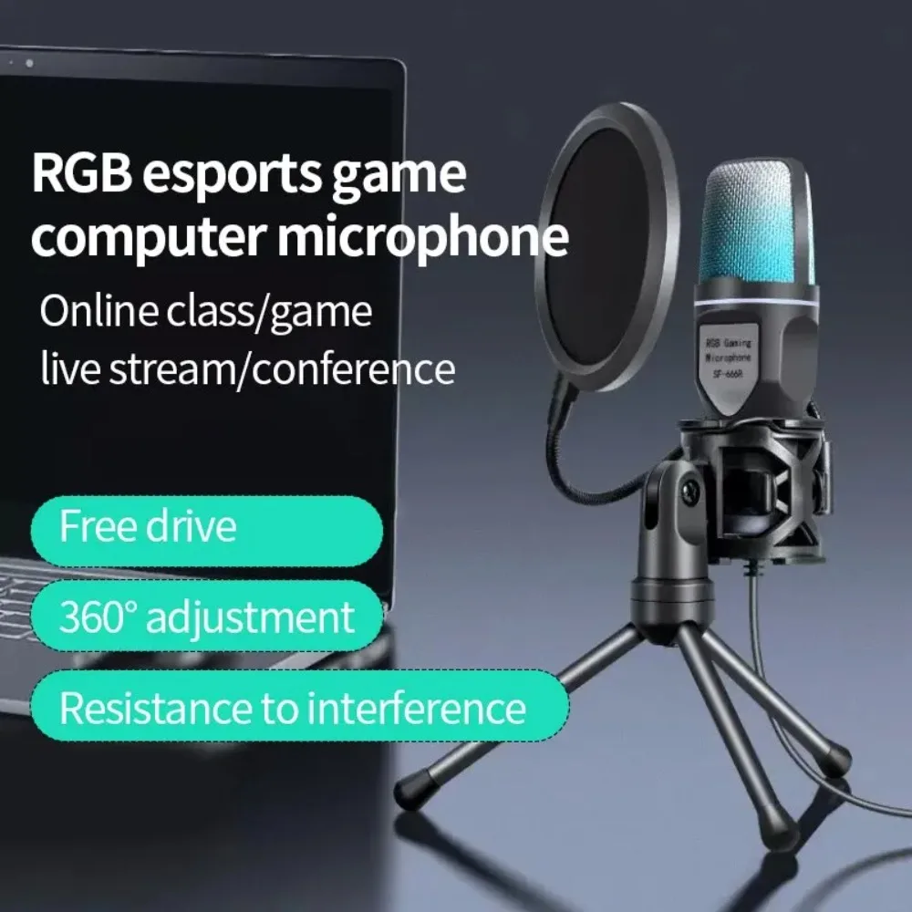 SF-666R RGB Esports Game Computer Microphone Condensador Wire Gaming Mic for Podcast Recording Studio Streaming Laptop Desktop