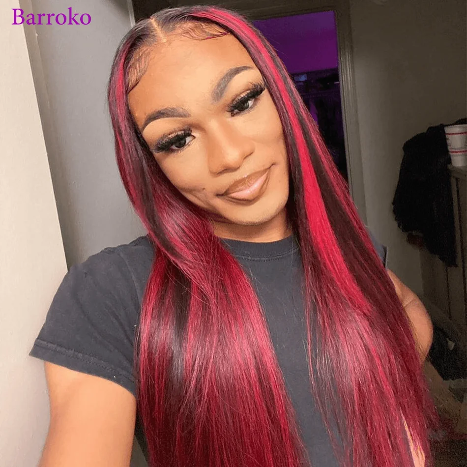 Barroko 1B червен цвят осветяване прав 13x4 дантела фронтална перука предварително оскубани 180% бразилски прозрачна дантела фронт човешка коса перука