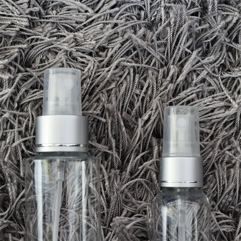 60ML 120ML X 10 празен грим настройка спрей помпа пластмасова бутилка с матово сребро алуминиева яка парфюм козметични PET контейнери 3