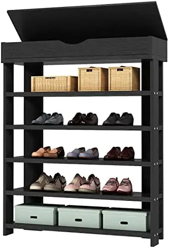 Дървена обувка с шкаф за съхранение, 29,5 инча вертикален свободно стоящ рафт за обувки, шкаф за съхранение на организатор на обувки за вход, L