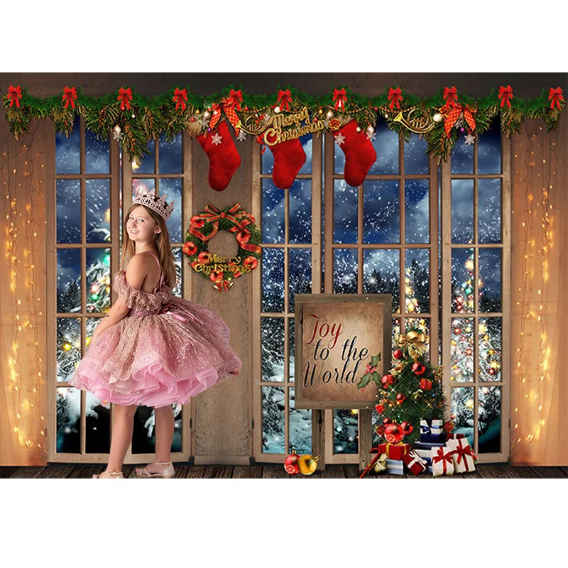 Mocsicka Фотография Фонове Коледно дърво чорапи прозорец сцена Честита Нова Година Коледа вечер сладки момичета Детски фото студио