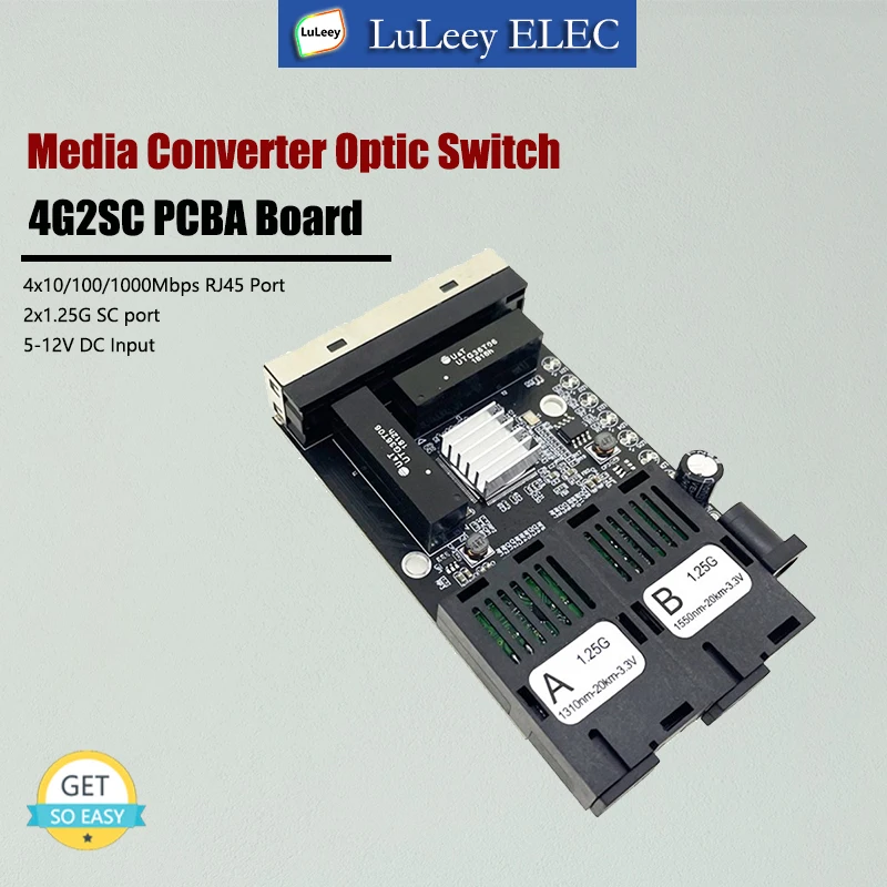 2 оптичен 4 rj54 медиен конвертор превключвател PCBA Board, 10/100/1000M адаптивен, 1.25Gbps SC единичен режим, макс 20km, 5-12v DC вход