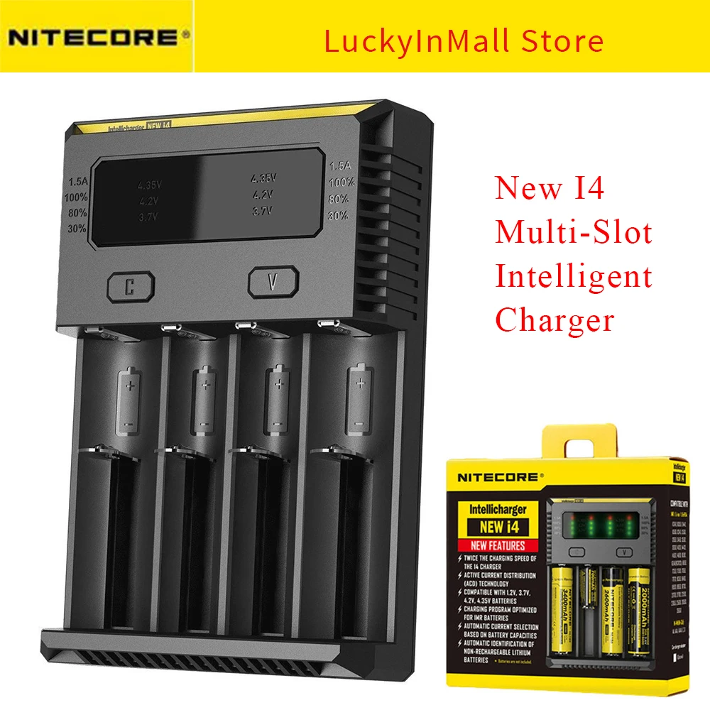 Original Nitecore New I4 зарядно устройство за батерии 18650 14500 16340 26650 LCD Li-ion бързо зарядно устройство 12V Charing за A AA AAA батерии QC 0