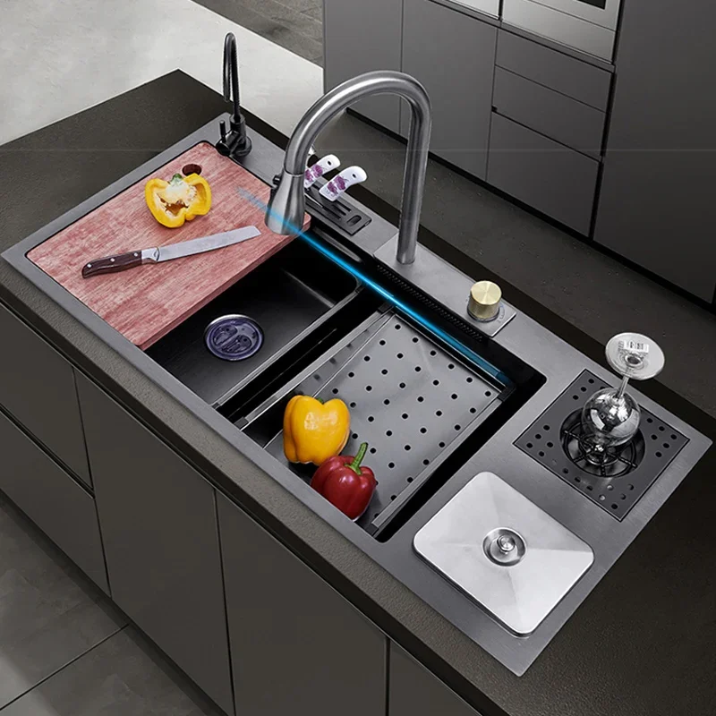  Кухненска мивка от неръждаема стомана Мивка за водопад с кошче за боклук Многофункционален голям единичен слот Домакински мивка за измиване на мивка 0