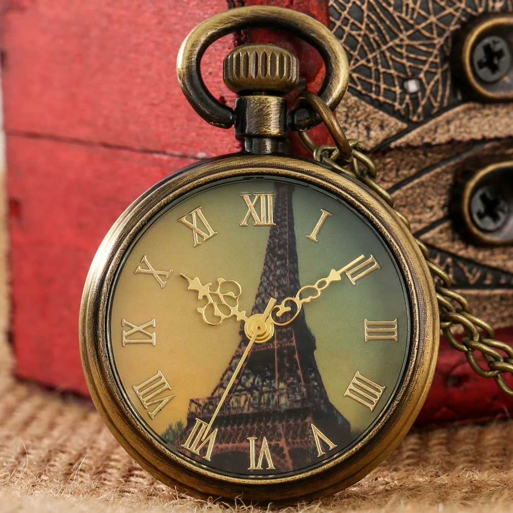 Бронзова мода Париж Айфеловата кула Нотр Дам дизайн кварцов джобен часовник LE LOUVRE огърлица висулка изкуство сувенирни часовници