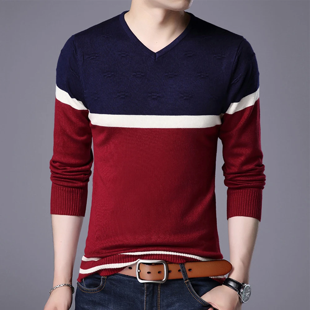 Плетен пуловер с V деколте мъжки раиран джъмпер тънък годни пуловер дълъг ръкав трикотаж за празник Daily червено сиво