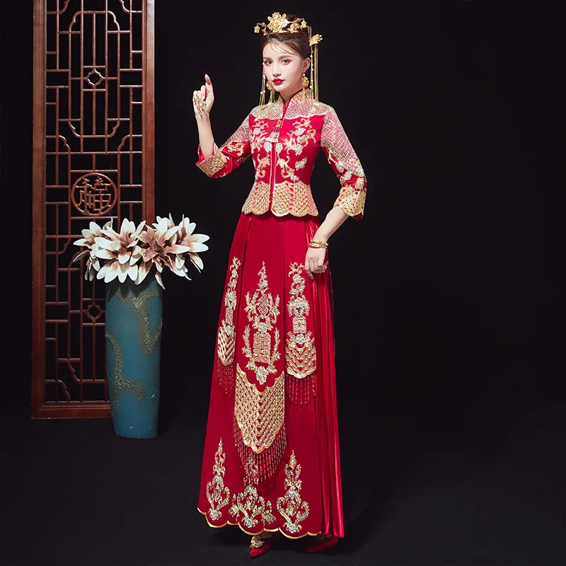 Елегантна булка реколта мандарин яка Qipao китайски традиционна сватбена рокля дълга червена бродерия Cheongsam китайская одежда