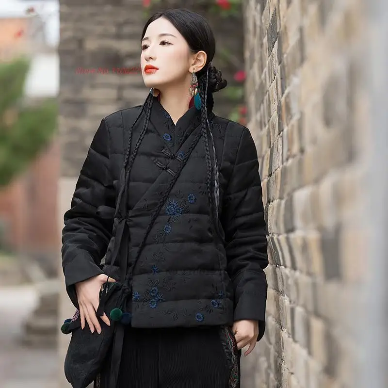 2024 китайско винтидж палто национално цвете бродерия tang костюм етнически сгъстяване топло палто ориенталски ханфу върховете памук подплатени яке