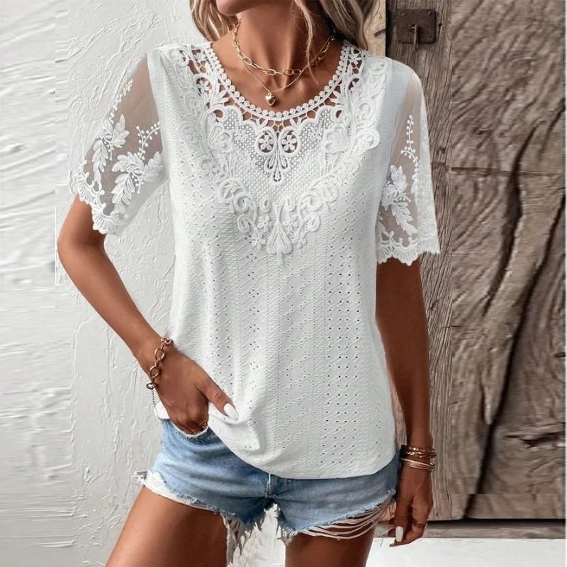 Мода бродерия кухи върховете реколта блузи с къс ръкав бяла риза жени случайни хлабав ризи плътен цвят дрехи 28304