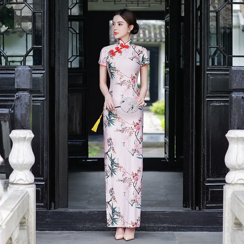 Елегантен 6 цвята жени плюс размер дълго Cheongsam тънък реколта лятна рокля нов китайски стил костюми секси еластична рокля