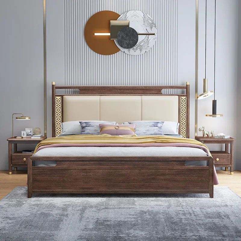  Частен обичай Нов китайски стил масивно дърво легло двойно легло орех майстор спалня сватбено легло модерен минималистичен мебели мек бъде