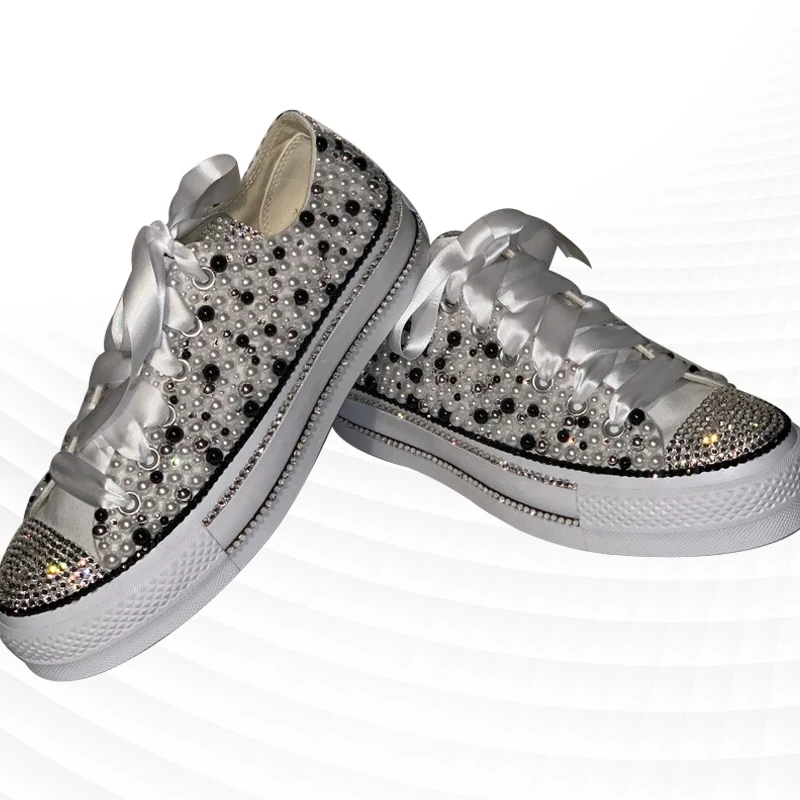 Сребърен ниска панделка платно обувки спортни удобни обувки за ходене ръчно изработени кристал панделка перла вулканизирани обувки 35-46