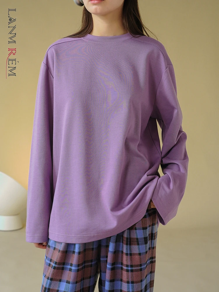 [LANMREM] Случайни хлабав пуловер тениска за жени кръг врата дълъг ръкав корейски стил женски върхове 2024 пролет нов 26D8163