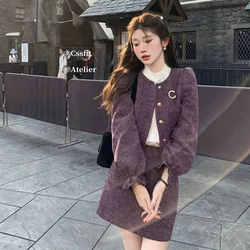 Urbane Purple Crop Jacket 2 Piece Skirt Set Жени Нови 2023 Есенно зимно грозде Berlioni Tycoon's Daughter Style Coat