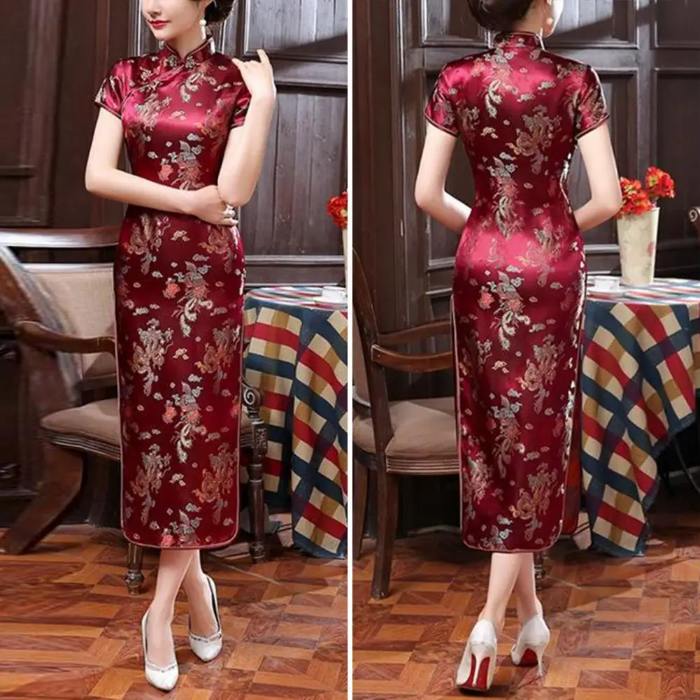 Дамска рокля китайски стил къси ръкави рокля висока страна сплит китайски Cheongsam тънък годни стегнат талията лято пролет Qipao
