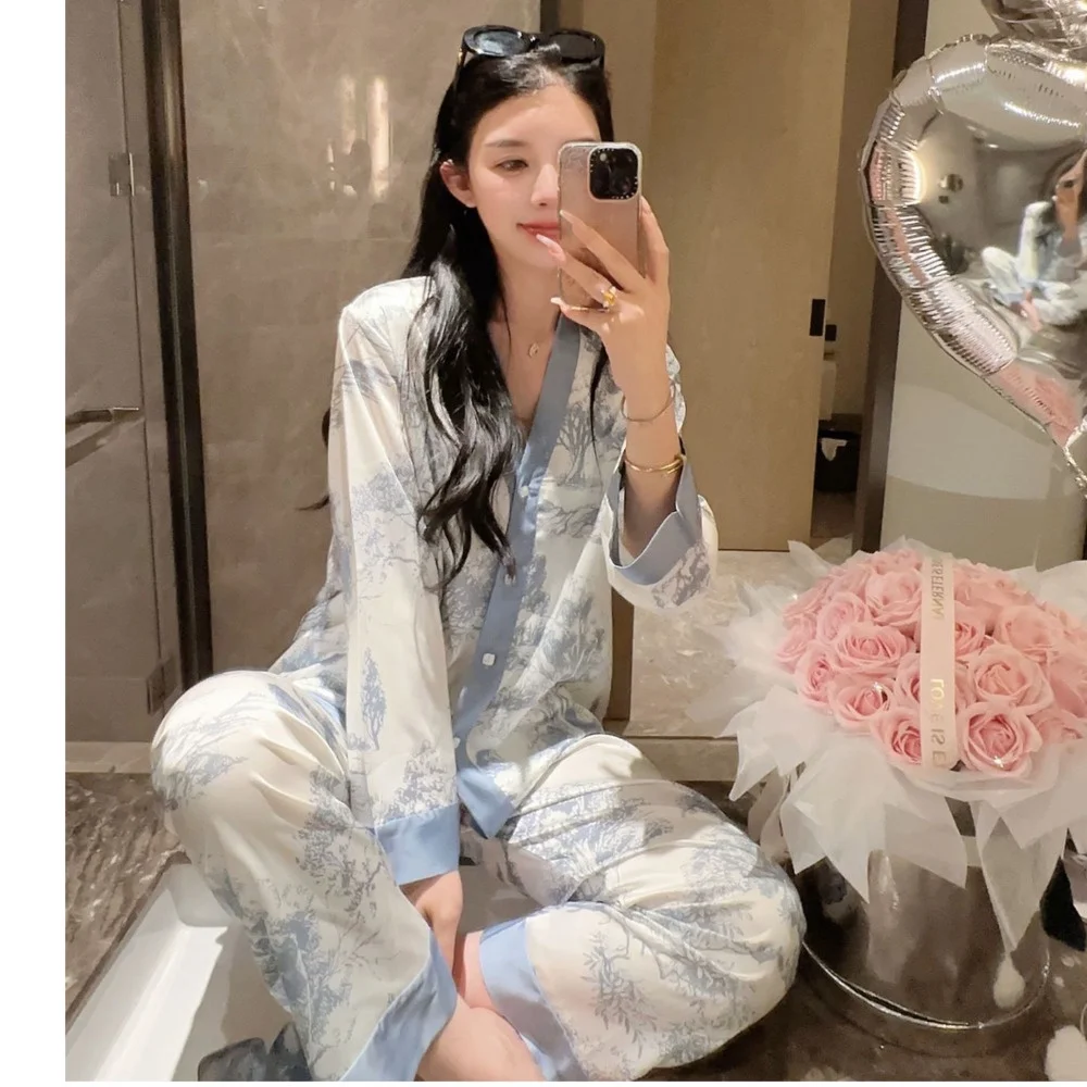 Lisacmvpnel печат мода жени пижами лед коприна спално облекло дълъг ръкав костюм пижами