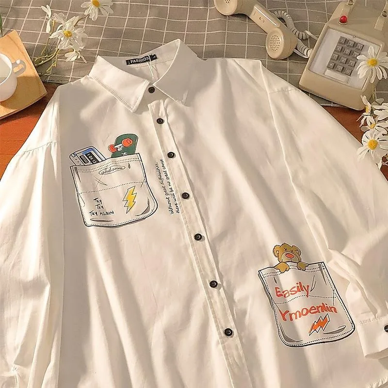Bear отпечатани ризи с дълги ръкави Мъже Японски Preppy стил квадратно деколте двойка ризи пролет и есен Ежедневни основи върховете мъжки
