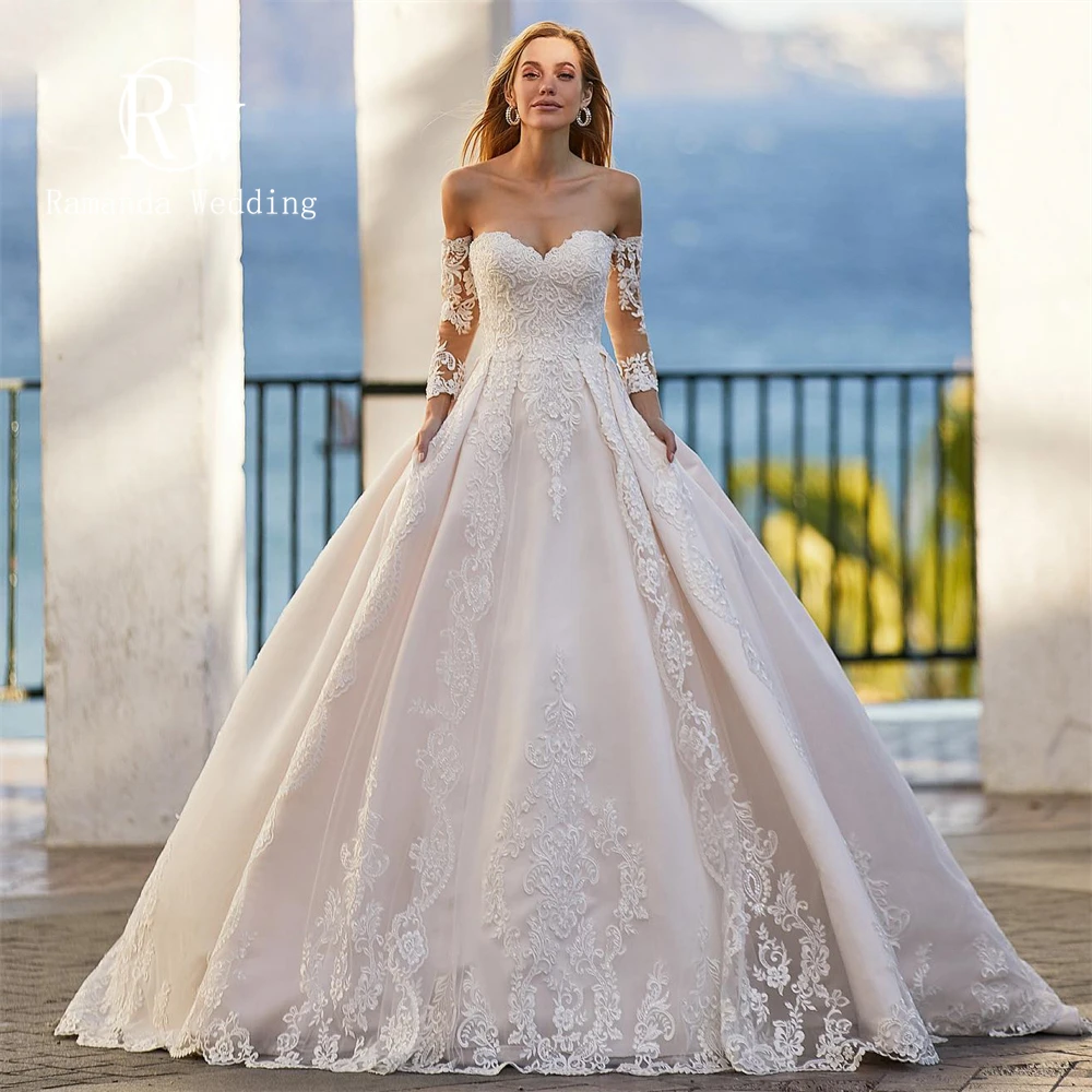 Ramanda Елегантна подвижна дълга ръкави скъпа сватбена рокля красива дантела апликации без гръб булчинска рокля роба de mariee