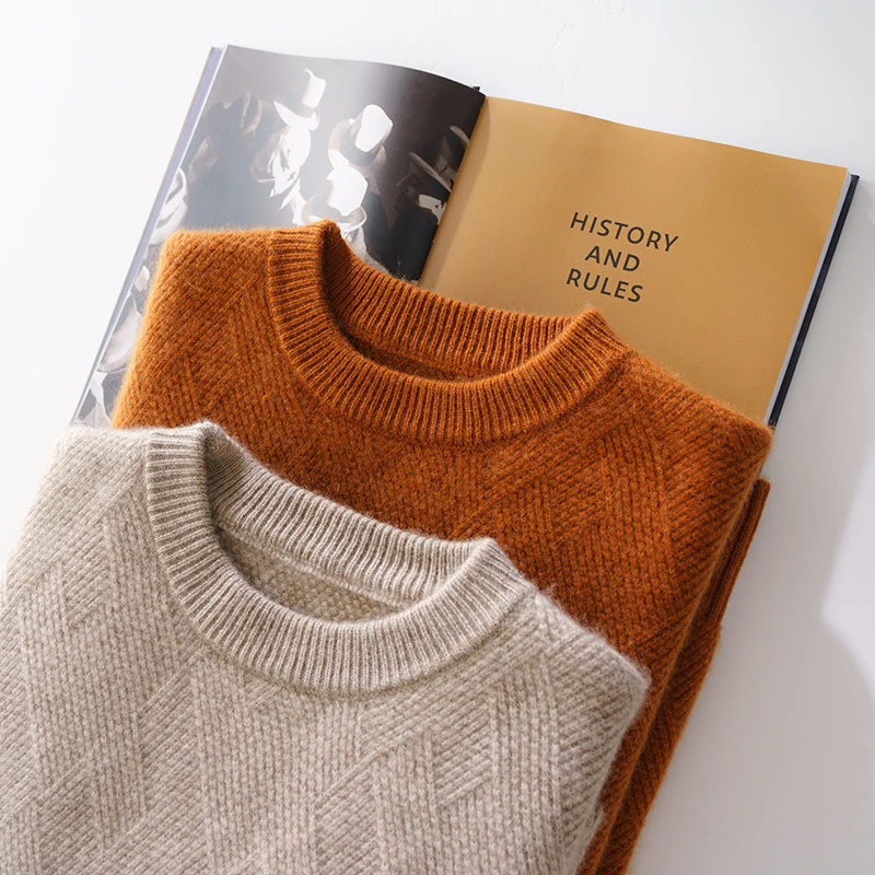 Чист кашмирен пуловер с кръгло деколте за мъжка плетена риза Плътен цвят топло поддържане на бизнес ежедневни и зимни нови вълнени пуловер