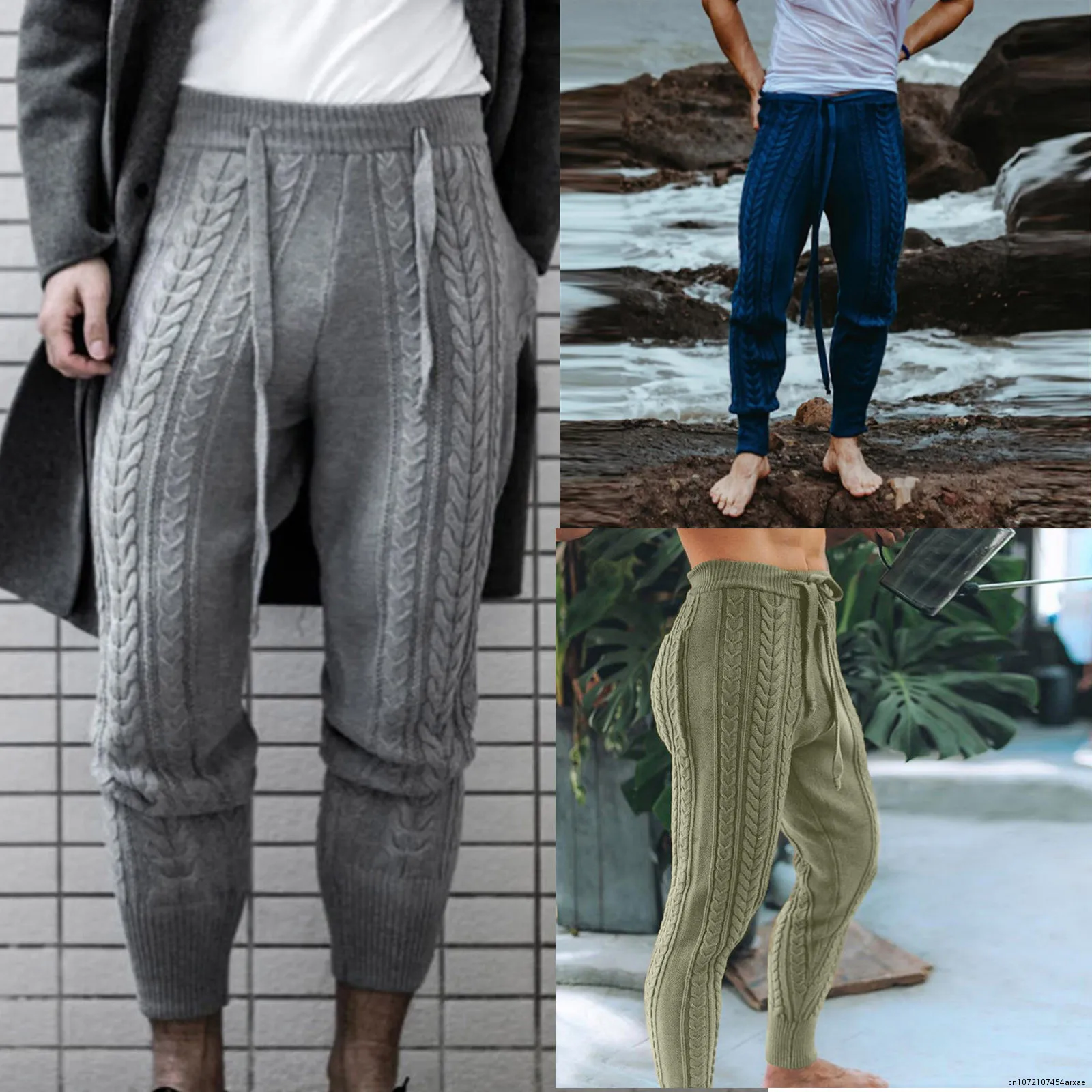 Мъже плетени панталони панталони тънък мода мъжки глезена дължина панталони шнур плътен цвят молив есен зима топло вълнен панталон