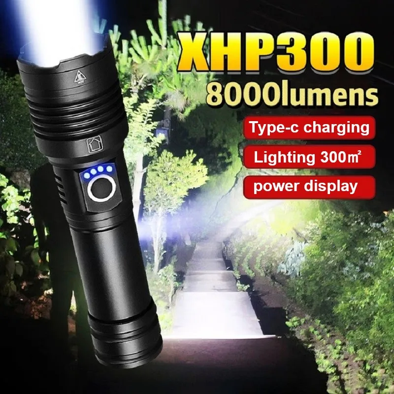 Ultra Bright LED фенерче Мощен USB акумулаторна горелка Висока мощност XHP300 фенерче Zoom Тактически фенер къмпинг ръчна лампа