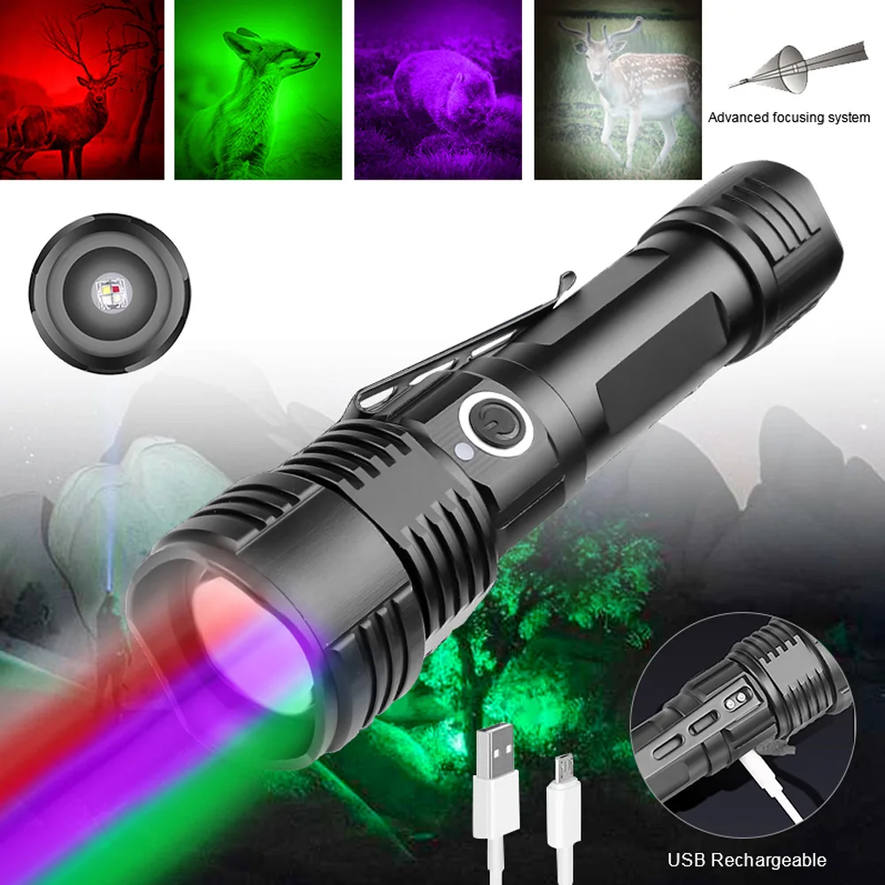 Мощен тактически RGBW LED фенерче 4 в 1 червено + зелено + синьо + бяло светлина хищник ръчен факел за нощен лов риболов светлина