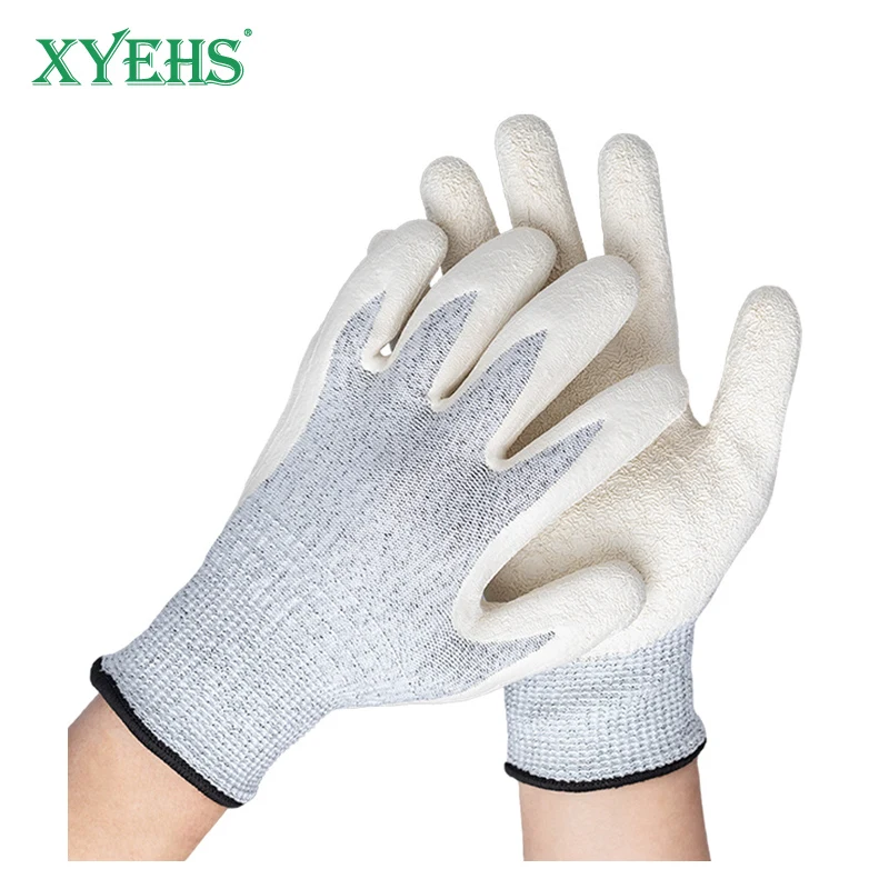 XYEHS Ниво 3 Устойчиви на рязане предпазни работни ръкавици, против хлъзгане бръчки латекс потопени палмово покритие 13 габарит HPPE облицовка стъкло обработка