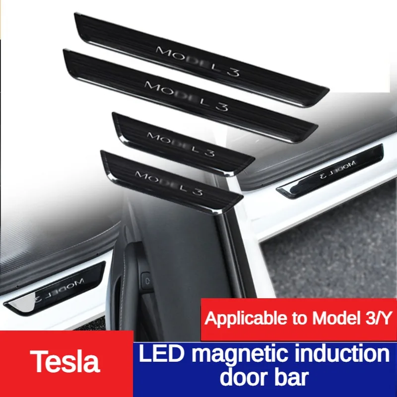 За Tesla Модел 3/Y Осветена прагова лента Аксесоари за модификация Неръждаема стомана Пълна лента за защита на прага на превозното средство