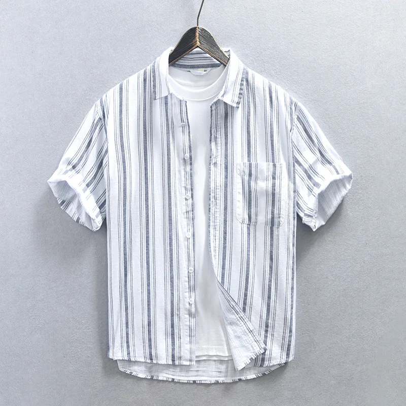 Z931 Лятна мода Мъжка класическа раирана риза 100% памук Висококачествена проста блуза с къс ръкав Loose Casual Tops Male