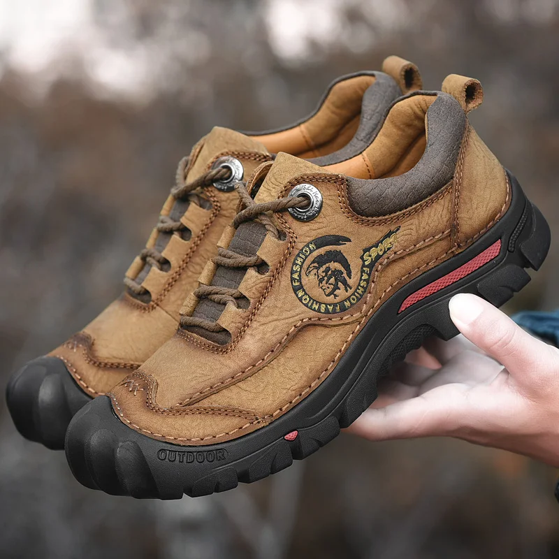 Кафява естествена кожа Външна обувка за мъже Маратонки Планинско катерене Туристически обувки Мъжки обувки против хлъзгане Мъжки работни маратонки