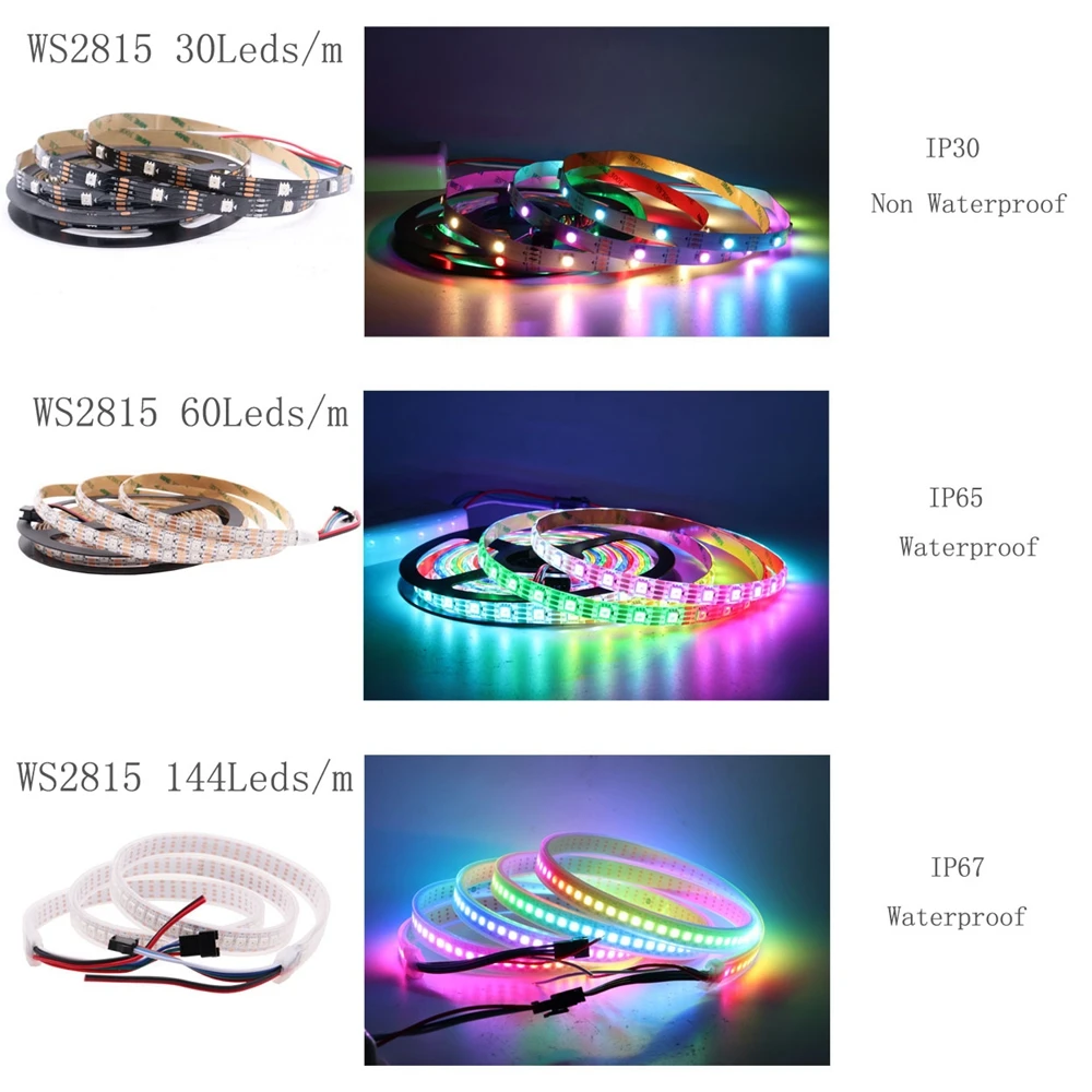 WS2815 RGB мечта цвят промяна LED лента светлина Smart индивидуално адресируеми LED двоен сигнал 30/60/144 светодиоди / м IP30/65/67 DC12V 4