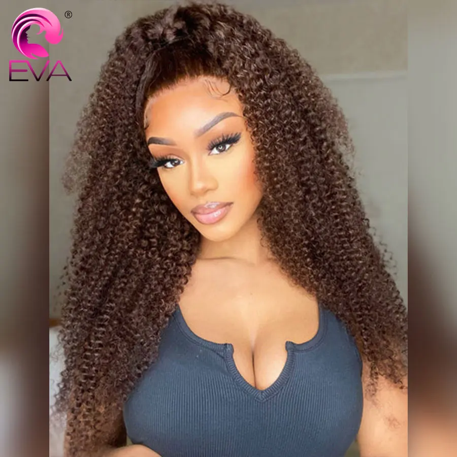 Eva Hair Chocolate Brown Afro Kinky Curly 13x6 Lace Front Wig Glueless Human Hair Wig Colored Full Lace Wig 360 Lace Frontal Wig