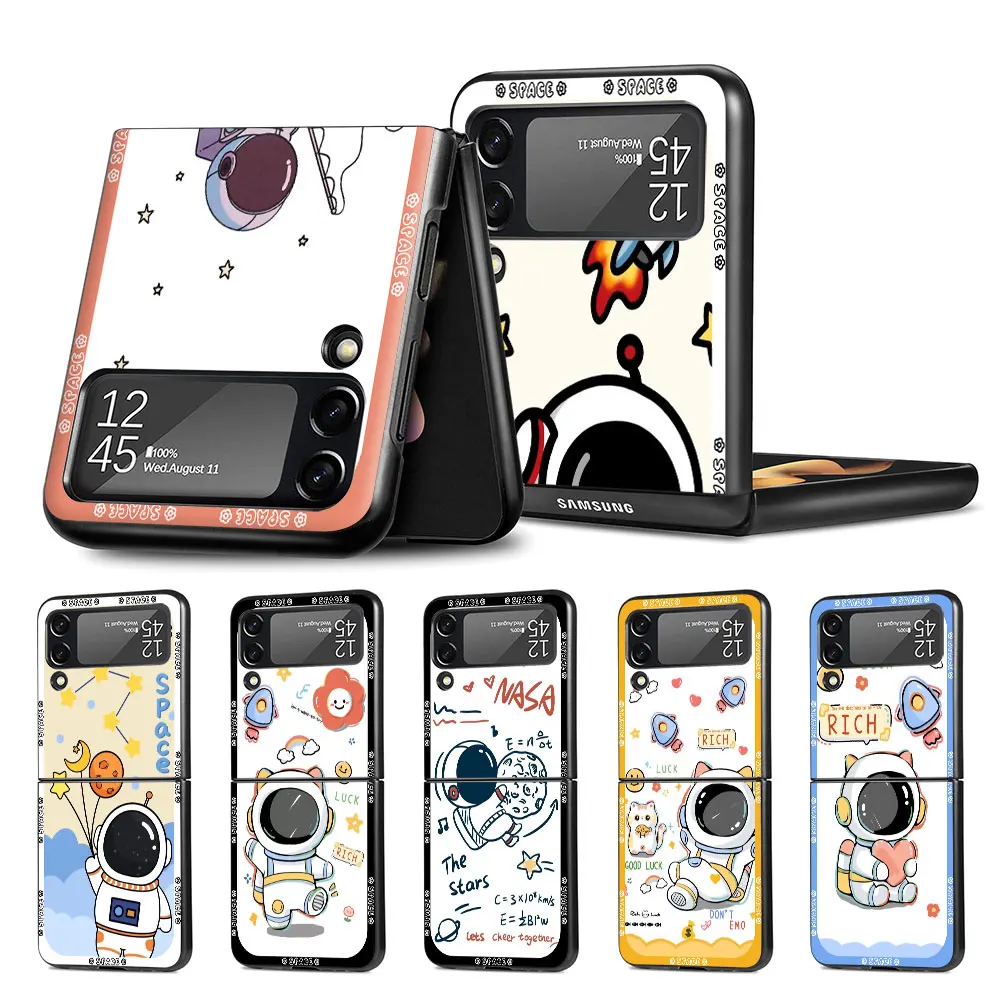 Калъф за мобилен телефон за Samsung Galaxy Z Flip4 Flip3 5G черен кок Z Flip 4 3 твърд компютър луксозен капак Zflip3 Funda космически астронавт