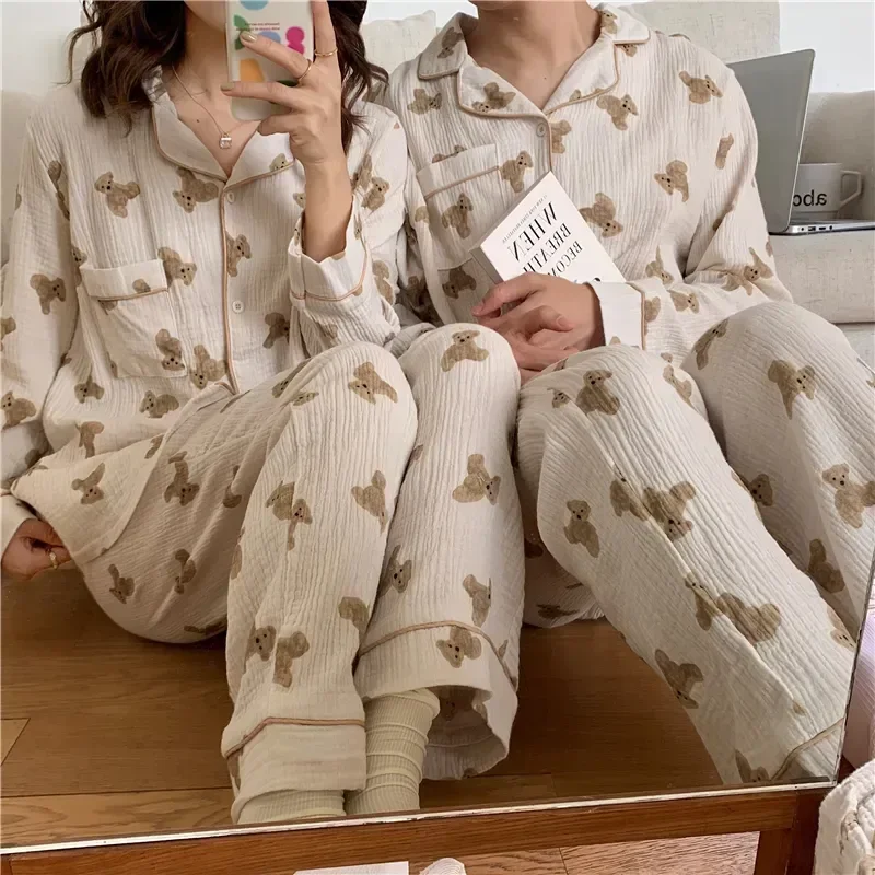 Двойка жени комплект два джоба парче ежедневно спално облекло Начало Любовници Kawaii реколта памучни пижами костюм корейски есен 4