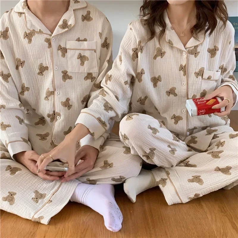 Двойка жени комплект два джоба парче ежедневно спално облекло Начало Любовници Kawaii реколта памучни пижами костюм корейски есен 5