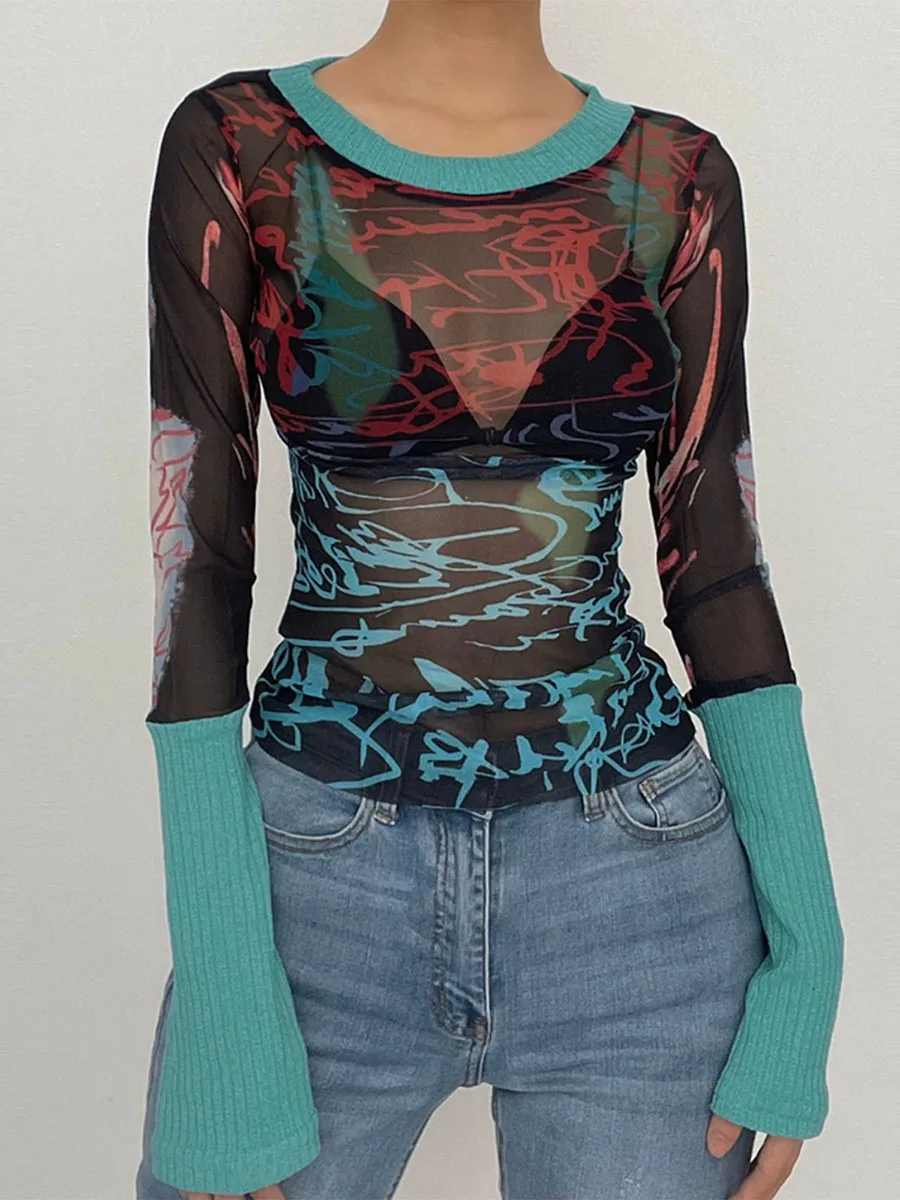 Графични тениски за жени виждат през прозрачни мрежести върхове дълъг ръкав отвесни тънки дами поло тениска изрязани