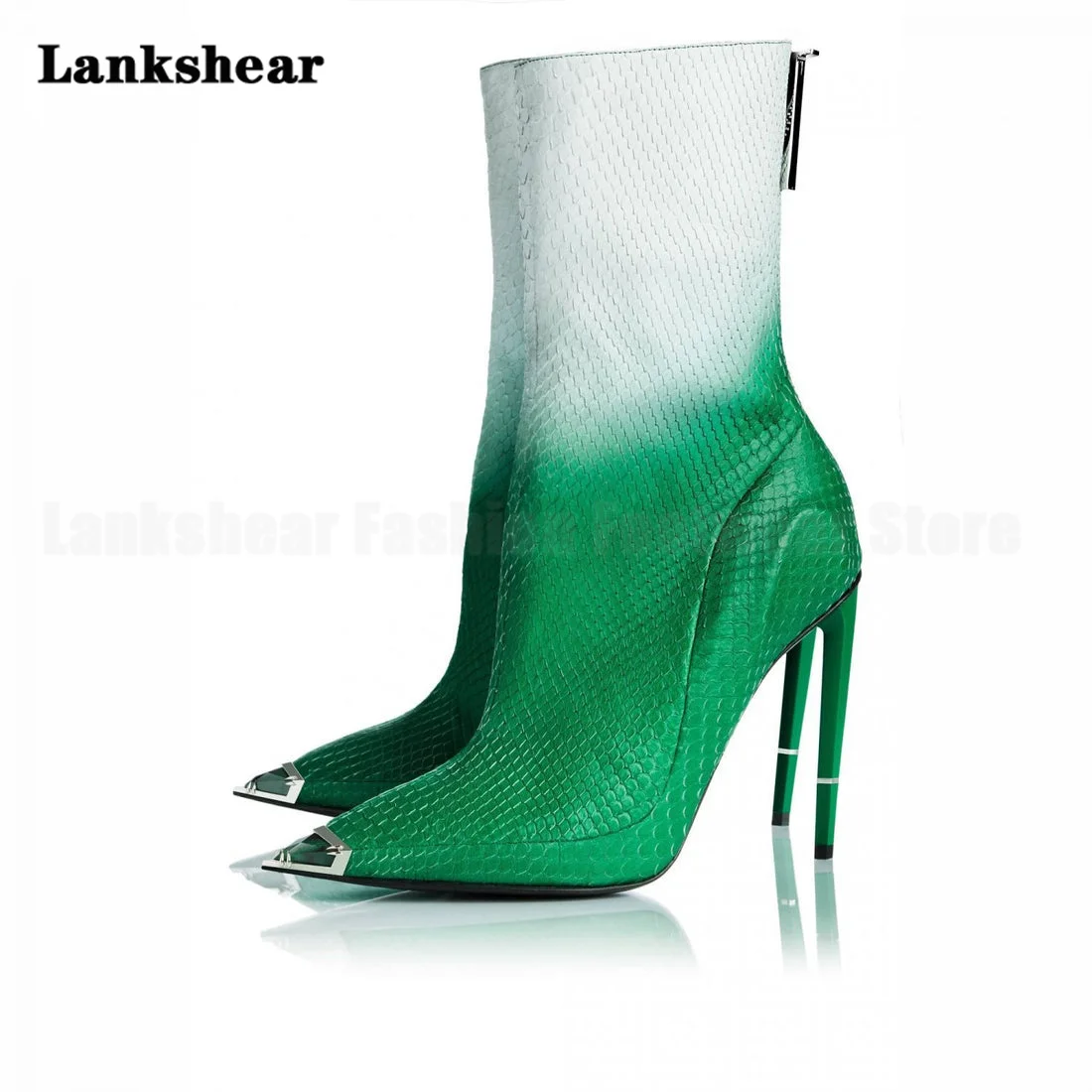 Бяло и зелено цвят блокирани високи токчета ботуши заден цип заострени желязо Toe декорация сини и бели обувки модни ботуши